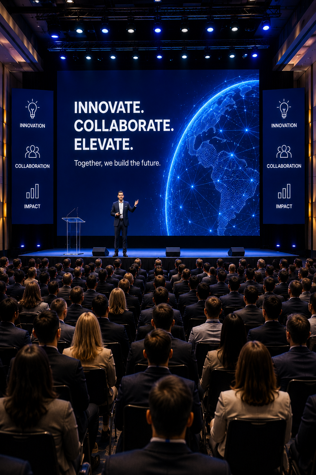 Large professional conference with a presenter on stage and a full audience